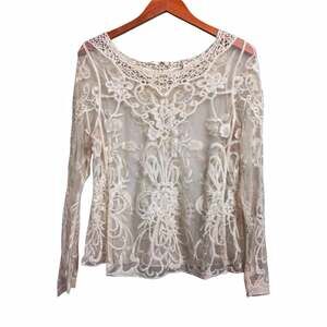 HAE Women’s Vintage Y2K White Sheer Lace Mesh Embroidered Floral Blouse L